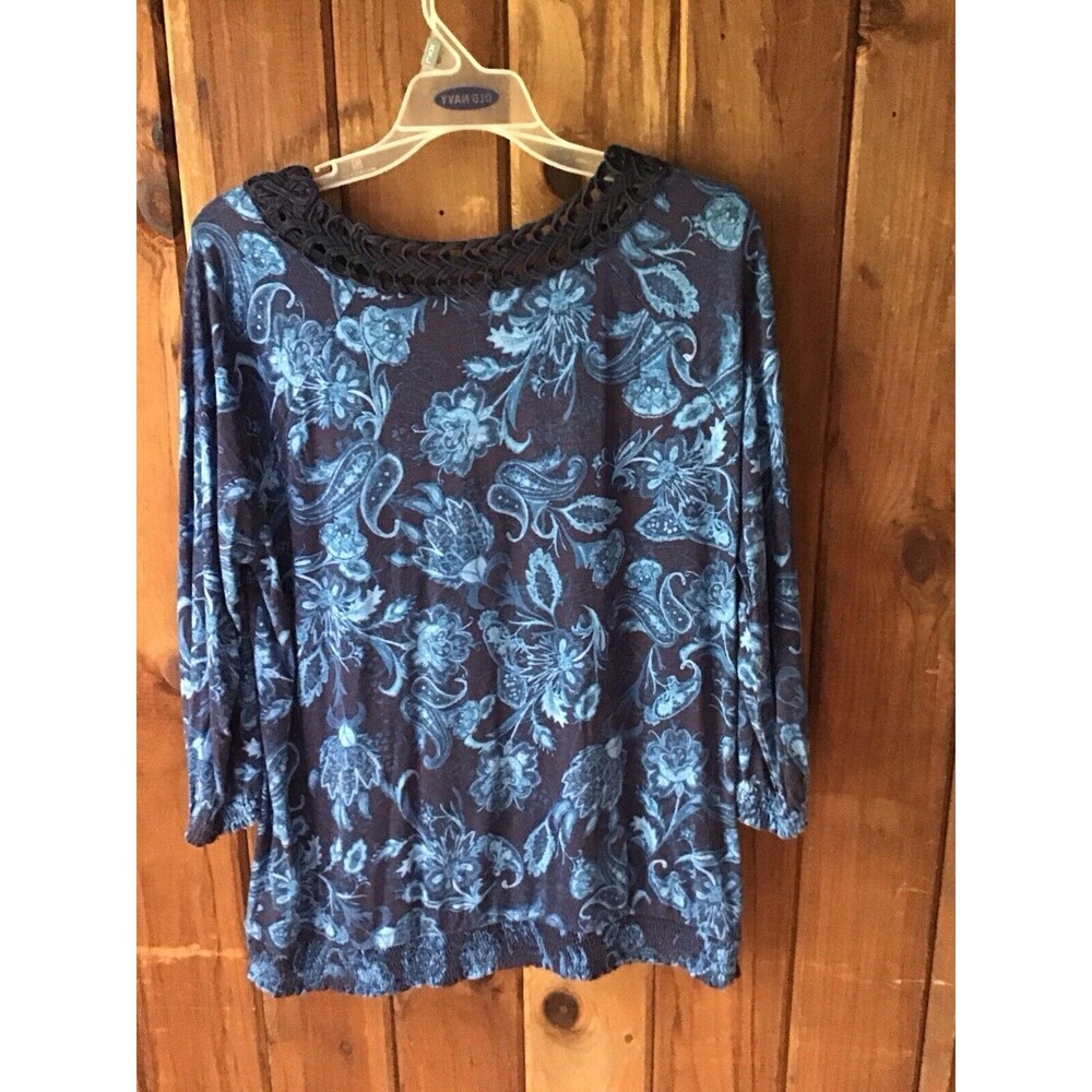 Jones New York Blue Floral Top XL Braided Neckline 3/4 Sleeve Casual Vintage - Picture 6 of 8